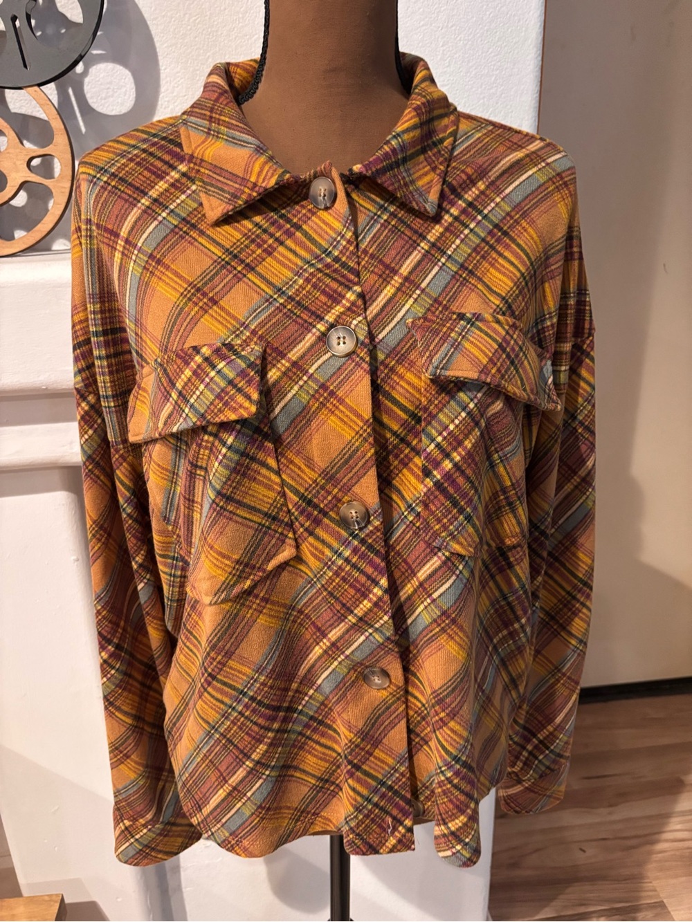 Passport Plaid Shacket in Diagonal Stripes in Mustard & Burgundy SZ M.